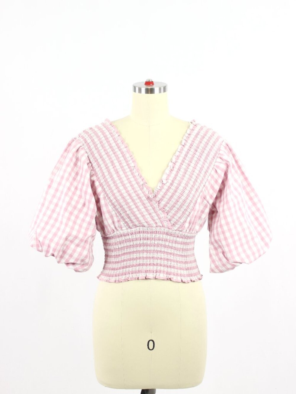 ABERCROMBIE & FITCH Pink Gingham Cotton Balloon Sleeve Smocked Blouse, Size S